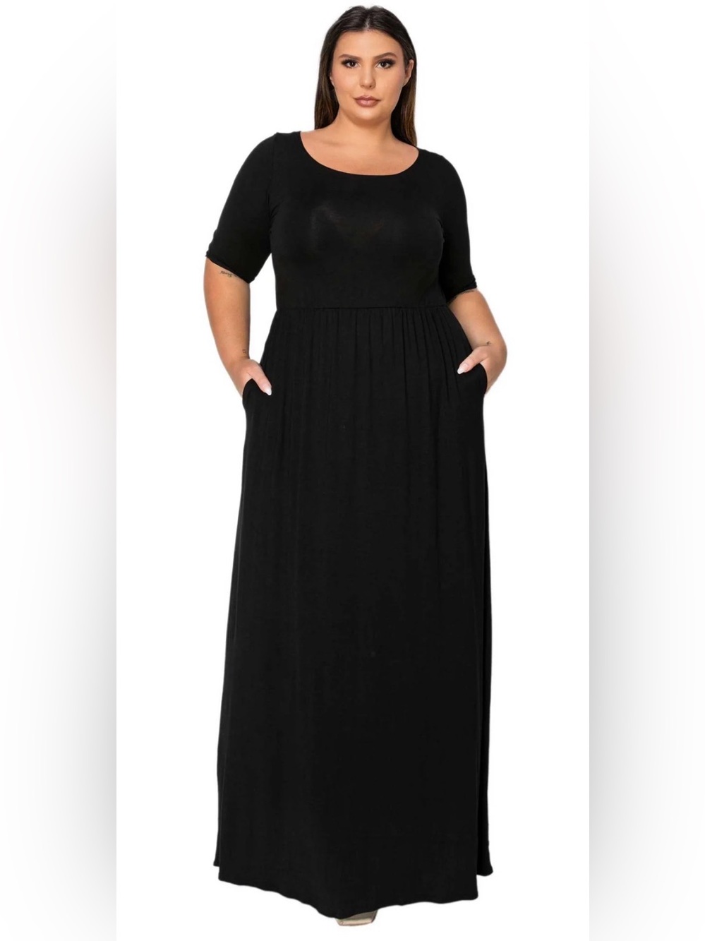 Plus Size Black Maxi Dress with Pockets